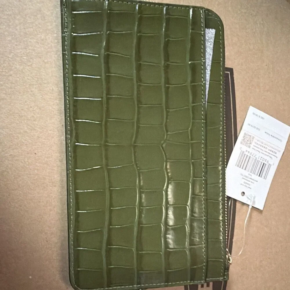 Kate Spade New York Green Croc Embossed Zip Wristlet Wallet Logo Folding